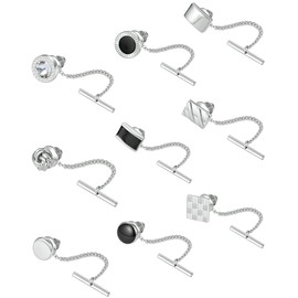 Ofeiyaa 9Pcs Tie Pins for Men With Chain Tie Tack Clutch for Wedding Meeting Party Business Jewelry Black Silver Gold Tone