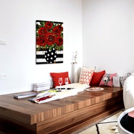 KREATIVE ARTS Pop Art Red Rose Canvas Wall Art 24x36 Inches Vertical Floral Painting Modern Striped Background Black White Polka Dot Vase Bold Botanical Print for Guest Room Hallway Decor