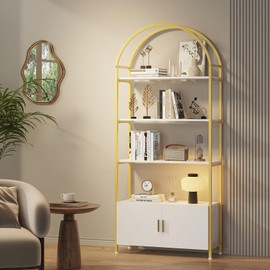 Saudism Arched Gold Bookshelf with Doors, 71" Tall Bookcase with Sturdy Metal Frame, Freestanding Display Shelving Unit, White and Gold Geometric Gold Shelf for Lving Room, Bedroom, Home Office