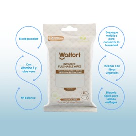 Walfort | Toallas húmedas íntimas. 6 paquetes de 14 piezas cada uno. Biodegradables, desechables en el inodoro, elaboradas con fibras vegetales.