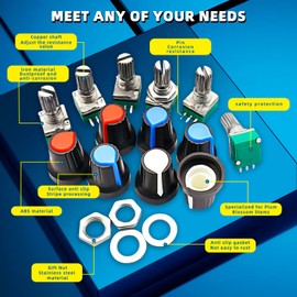 DaFuRui 15Pcs 3Pin RK097N-3-10K Single Linear Rotary Seal Amplifier B10k Potentiometers with 3 Colors Knob Type 10k Ohm Knurled Shaft