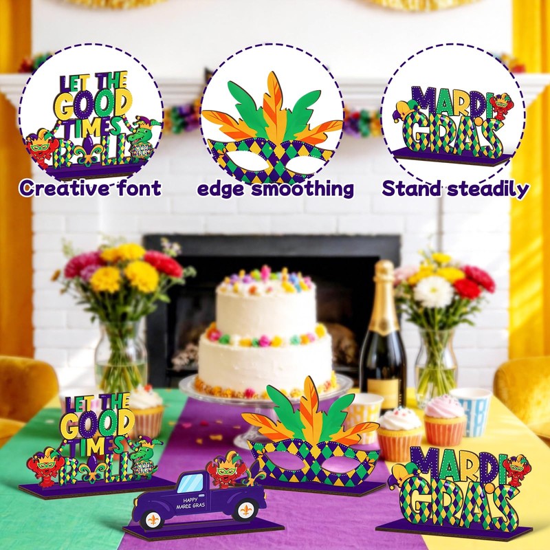 KSKSPE 4Pcs Mardi Gras Wooden Table Centerpiece Decorations
