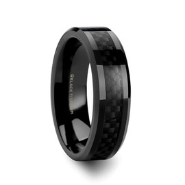 Mens Black Titanium Black Carbon Fiber Inlaid Wedding Ring - Polished Beveled Comfort Fit - 6mm Wide - Style name: OXYN - Ring Size 7