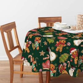 Horaldaily Christmas Tablecloth 70×70 Inch Round, Gingerbread Man Glove Trees Snowman Washable Table Cover for Party Picnic Dinner Decor