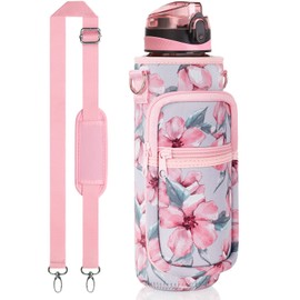 Fimibuke 32 oz Water Bottle with Sleeve - BPA Free Leakproof Sport Large 1L Plastic Motivational Water Bottle with Straw Strap Insulated Neoprene Holder Carrier Bag for Kid Women Men(A4.Peach Blossom)