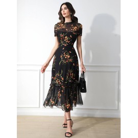 GothDark Women's Summer Floral Print Mesh Ruffle Dress Short Sleeve Round Neck Waist Cinched Casual Long Maxi Dresses