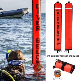 5ft Red Scuba Diving Open Bottom Surface Marker Buoy (SMB) with 98ft Finger Spool Alloy Dive Reel and Double Ended Bolt Clip - Gray