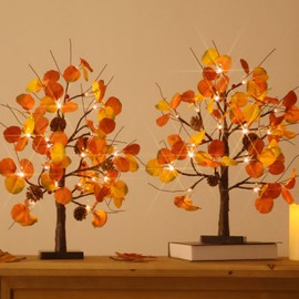 2 Pack Fall Tree with Lights, USB/Battery Powered Fall Eucalyptus Maple Tree, 2FT Lighted Autumn Tree Fall Decorations for Home, Thanksgiving Decorations for Tabletop Indoor Mantel Centerpieces, Timer