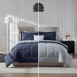 7 Pcs Reversible Bed in a Bag Set Two Tone Lightweight Comforter Set King Size Diamond-Pattern Stitching | Navy Blue Gray Color All Seasons Aesthetic Bedding Farmhouse Hotel Luxury Look