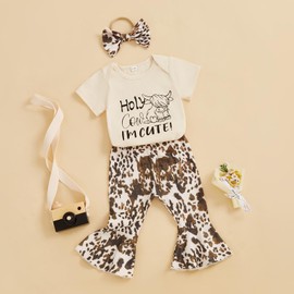 Baby Girl Summer Clothes Western Cowgirl Outfits Letter Print Short Sleeve Romper Flared Pant Bell-Bottom Bow Headband 3 Piece Set (Apricot Holy Cow I'm Cute, 3-6 Months)