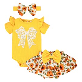 9-12 Month Girl Clothes Baby Summer Outfits Cute Bow Romper Ruffle Sleeve Infant Flower Dress Shorts Set with Headband Yellow