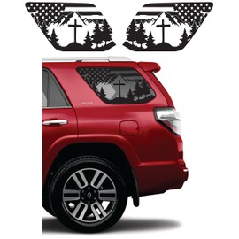 Fit for Toyota 4Runner (2010-2024) | Precut American Flag Cross Mountain Forest Scene Window Decals | Proudly Made in The USA | Matte Black (US Flag Cross Mountain)