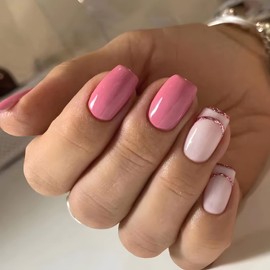 Pink Press on Nails Short Square Fake Nails Glossy False Nails with Pink Line Glitter Acrylic Full Cover Stick on Nails Glue on Nails for Women