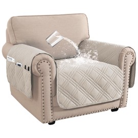 BellaHills Waterproof Sofa Cover 1 Seater Living Room Armchair Covers Sofa Slipcovers Chair Seat Covers with Side Pocket for 1 Seater Sofa Washable Couch Cover for Dogs (1 Seater, French Oak)