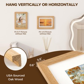 5x7 Oak Picture Frame, 5 x 7 inch Photo Frame Matted to 4x6 inch Picture, Tempered Glass, Natural Wood Frame for Vertical and Horizontal Display for Wall and Table, Set of 3