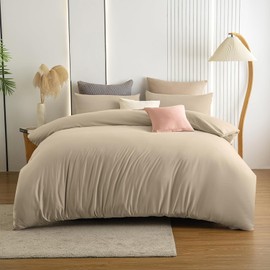 Soifox Double Duvet Cover Set Sandy Beige - Soft Microfiber Duvet Cover 200 x 200 cm with 2 Pillowcases 50 x 75 cm, Non Iron Luxury Bedding Set with Zipper Closure