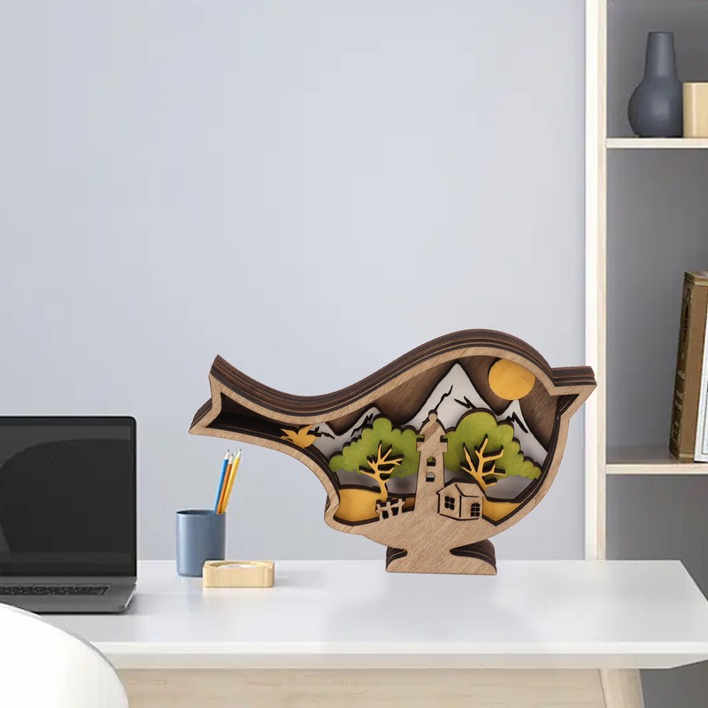 Wooden Bird Statues with Light 3D Hollow Hand Carved Birds