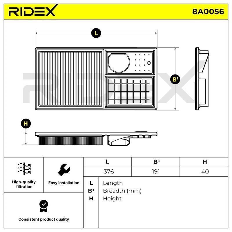 RIDEX 8A0056 Engine Air Filter Rectangular || Air Filter Insert,