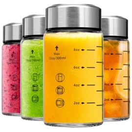 Glass Juice Bottles 4 Pack 10 oz - Wide Mouth Glass Water Bottles with Lids - Borosilicate,Stainless Steel Lids for Juicing, Smoothies, Infused Water, Beverage Storage, Leakproof, Reusable,BPA Free