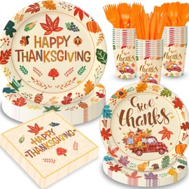 200PCS Thanksgiving Plates and Napkins, Fall Paper Plates and Napkins Set Includes Dinner Plates, Dessert Plates, Napkins, Cups, Knife, Fork and Spoon for Thanksgiving Dinner Party Supplies Serves 25
