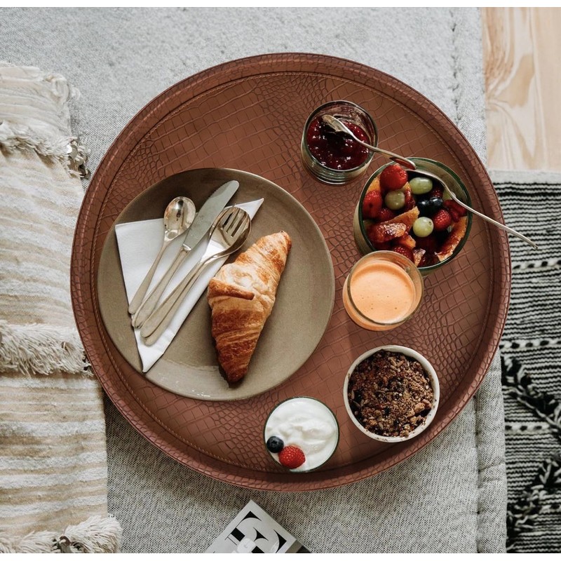 HofferRuffer Round Serving Tray 20'', Elegant Faux Leather Circle Ottoman