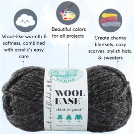 Lion Brand Wool Ease Thick & Quick Charcoal 640-149 (6-Skeins - Same Dye Lot) #6 S Bulky Acrylic-Wool Yarn for Crocheting and Knitting - Bundle with 1 Artsiga Crafts Project Bag