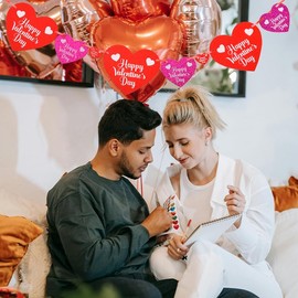 Happy Valentine's Day Banner Heart Shape Valentines Day Decorations Sign for Party Home Decoration Hanging Red Heart Valentine Sign Banner Indoor Outdoor Valentines Backdrop