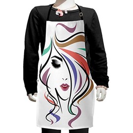 Ambesonne Hair Salon Apron, Smokey Eye Make-up Lady with Colorful Wavy Hair Stripes and Curly Lines, Small Apron Bib with Adjustable Ties for Baking Painting, Small Size, Multicolor