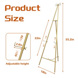 Easel Stand, Metal Easel for Display, Adjustable Height Metal Easel Display Stand, Round Tube Gold