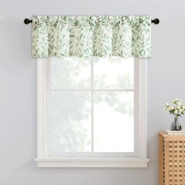 VOGOL Rod Pocket Valances for Living Room, Green Leaf Printed Faux Linen Cafe Curtain, Light Filtering Decorative Kitchen Valance Curtains, 1 Panel, 52 x 14 Inches