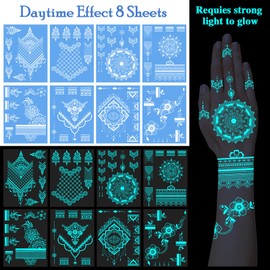 Konsait 8 Sheets Glow in the Dark Tattoos for Women Girls Luminous Temporary Hand Tattoos for Women Black Light Tattoo Glow in the Dark Makeup Fake Tattoo