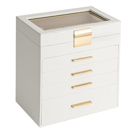 Somduy Jewelry Box, 5 Layers Jewelry Storage Display Box with Glass Lid for Women, 4 Drawers,Large Capacity for Necklace Earrings Bracelets Rings,White