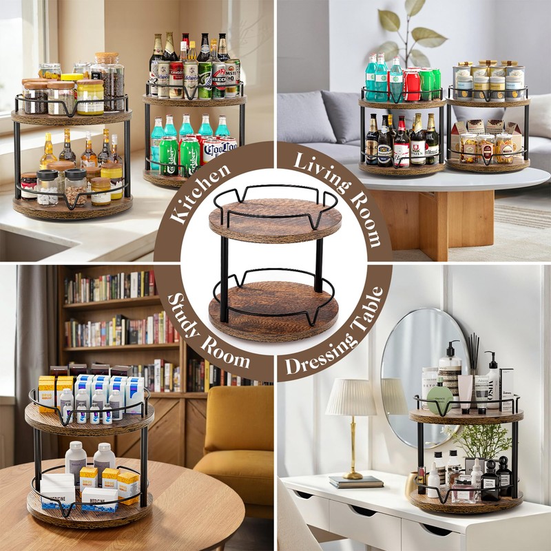 2 Pack 2 Tier Lazy Susan Organizer Wooden Rotating Spice