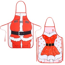 HONMOK 2pcs Christmas Apron Red Christmas Apron Women Men Cooking Apron Santa Kitchen Apron BBQ Apron Christmas Costume for Adults Xmas Party Christmas Party, red, white