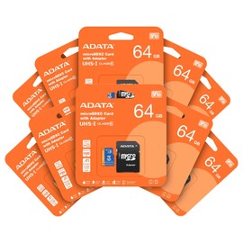 PSA COMPUTO Y PAPELERIA Kit de 10 Tarjetas de Memorias Micro ADATA 64 GB (AUSDX64GUICL10A1-RA1) con Adaptador Color Negro con Azul A1 (Clase 10) grabación de vídeo Full HD 1080p