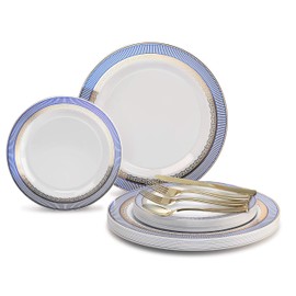" OCCASIONS " 150pcs set (25 Guests)-Wedding Plastic Plates & cutlery -Disposable heavyweight Dinnerware 10.5'', 7.5'' + Silverware w/double fork (Louvre White w/Blue & Gold)