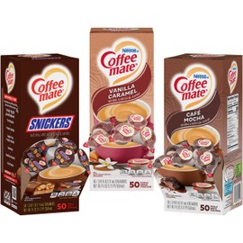 Nestle Coffee mate Liquid Coffee Creamer Singles Variety Pack, Snickers, Vanilla Caramel, Cafe Mocha, 50 Ct Box (Pack of 3) with By The Cup Sugar Packets