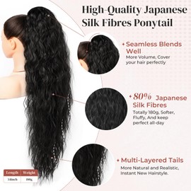 LONAI Ponytail Extension, 34" Black Long Wavy Drawstring Ponytail Extensions, DP001 Softer Lighter 80% Japanese Import Synthetic Clip in Hair Extensions Natural Looking Hairpiece for Women-Black