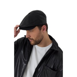 Genuine Leather Newsboy Cap, Black, Genuine Lambskin Leather Ivy Peaked Golf Cabbie Hat (CA/US, Alpha, One Size, Black)