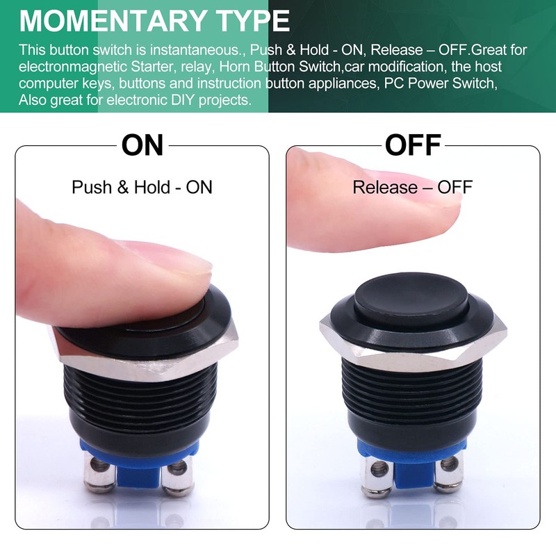 Twidec/19mm Waterproof Black Metal Shell Momentary Raised Top Push Button