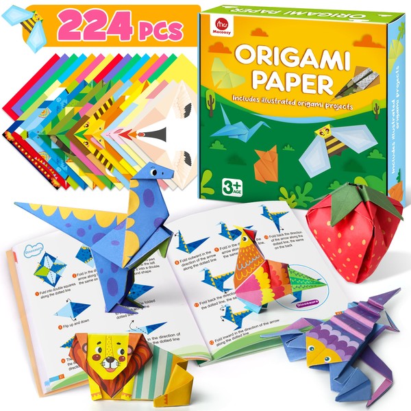 Mocoosy Papier Origami pour Enfants, 224 Feuilles de Papier Origami Double Face avec Tutoriels Vidéo et Guide, Coloré Origami avec 72 Motifs, kit Art Artisanat pour Enfants Cadeau pour Filles Garçons
