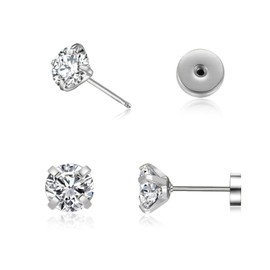 2mm Tiny Cubic Zirconia Screw on Stud Earrings,Unisex Flat Back Stud Earrings,Cartilage Tragus Helix Piercing Steel Hypoallergenic Earring Jewelry Gift for Women Men Girls Teens(Silver, 2mm)