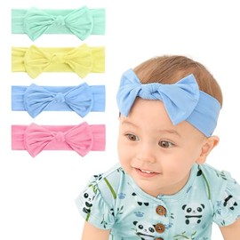 LITTLE JAMJAMS Stretchy Ultra-Soft Knit Baby Bow Headband Hair Bands Top Knot Head Wraps 4 Color Pcs Set - Blue, Pink, Mint, Yellow