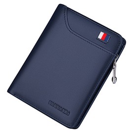 portafolios para hombre con cierre de piel auténtica para tarjetas de crédito con bolsillo para monedas, Azul, 4.7’’ x 3.7’’ x 0.7’’, Minimalista