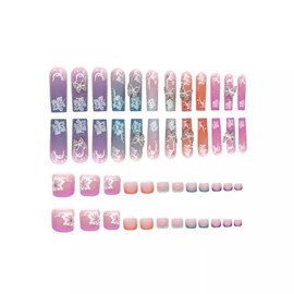48pcs Long Coffin Press on Nails and Toes Nails Color French Tip Fake Fingers Toe Nail Tips Press ons Butterfly Nail Charm Glue on Toe Nails Square Flower Summer False Toe Nails for Women and Girls