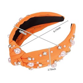Orange Headband for Women Pearl Knotted Headband Sparkly Rhinestone Pearls Top Knotted Headbands Fashion Accessories Cute Hair Bands for Women Girls
