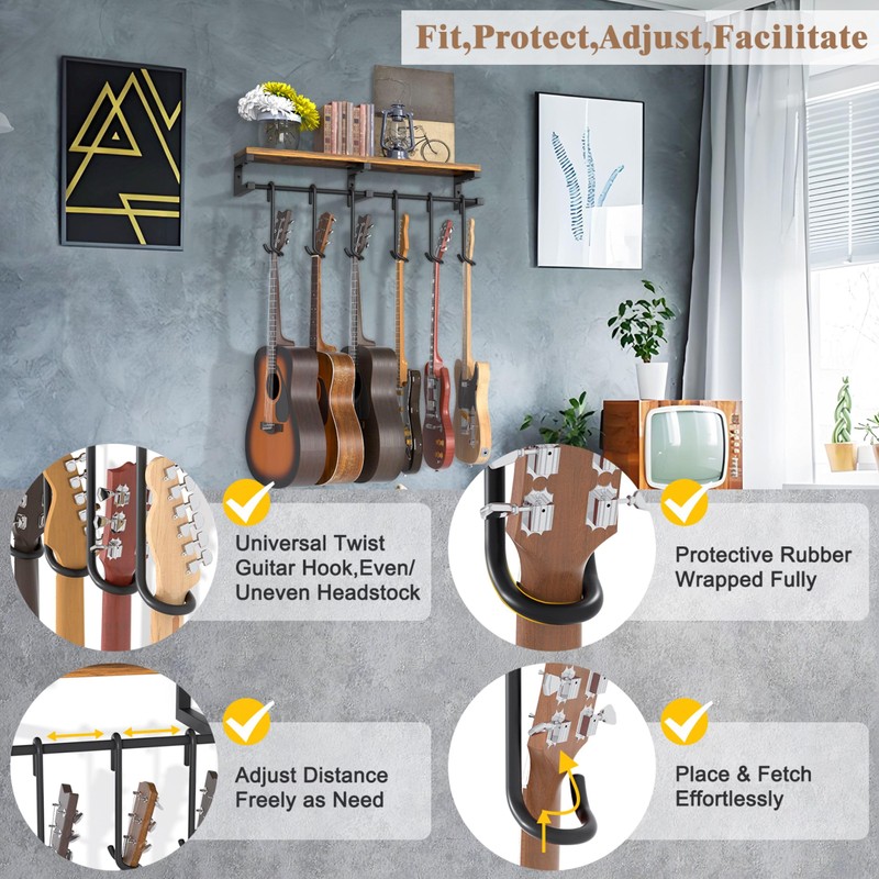 Keebofly Multiple Guitar Wall Mount Hangers with 6-Detachable Hooks &