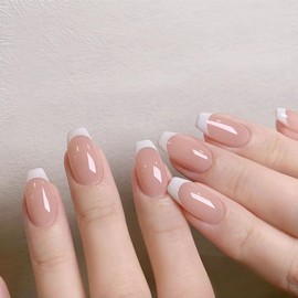 RTKHFZE Press on Nails Medium Coffin Press on False Nails French Tip Fake Nails Nude Full Cover Acrylic Press on Nails Artificial Nails for Women 24Pcs, style24