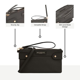 Paul Costelloe ABAO Leather Card Holder with Strap - Stylish and Compact Purse, Real Leather Accessory, Slim Design Handbag for Organization with Wrist Strap (JET BLACK)