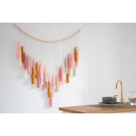 Decocove Macrame Wall Hanging - Large Macrame Wall Hanging with Wood Beads - Bohemian Wall Decor for Bedroom, Living Room and Kitchen - Pink and Gold- 35'' x 36''